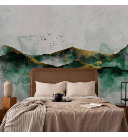 Fotomural - Abstract landscape - green mountains with golden patterns and birds