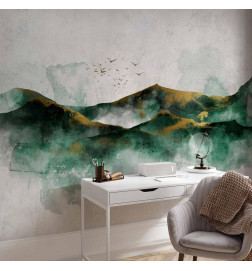 Fotomural - Abstract landscape - green mountains with golden patterns and birds