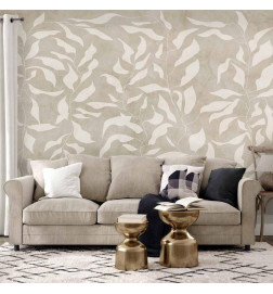 Fotomural - White leaves - abstract plant motif on beige background with frame