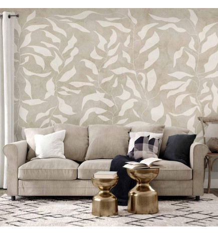 Fotomural - White leaves - abstract plant motif on beige background with frame