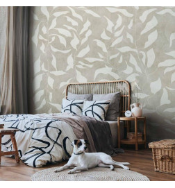 Wall Mural - White leaves - abstract plant motif on beige background with frame