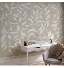 Wall Mural - White leaves - abstract plant motif on beige background with frame