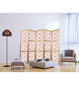 Paravento giapponese - Pink Blossoming - Flowers in Warm Colors on a White Background