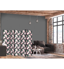 Vouwscherm - Peonies - Pink Flowers and Green Leaves on a Graphite Background
