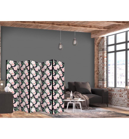 Aizslietnis - Peonies - Pink Flowers and Green Leaves on a Graphite Background