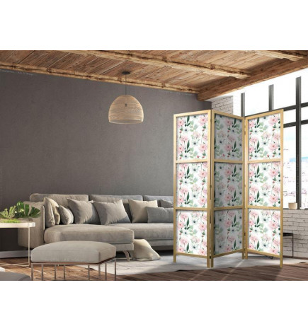 Japanese Room Divider - Peonies - Pink and White Flowers and Green Leaves on a White Background