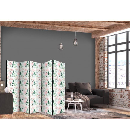 Sermi - Peonies - Pink and White Flowers and Green Leaves on a White Background