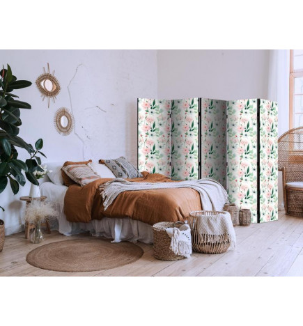 Sermi - Peonies - Pink and White Flowers and Green Leaves on a White Background