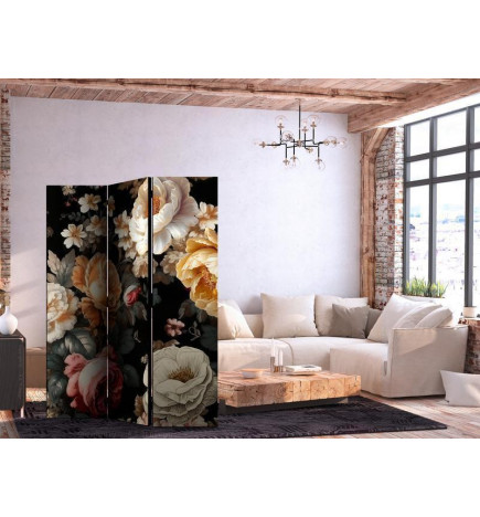 Biombo - Floristry in Vintage Style - a Plethora of Colorful Flowers on a Black Background