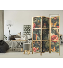 Japanese Room Divider - In the Botanical Garden - Flowers Birds and Butterflies - Colorful Illustration