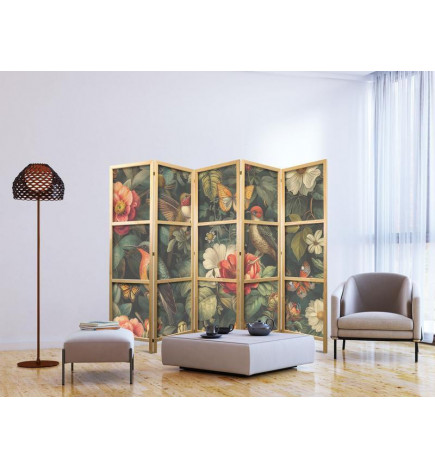 Japans kamerscherm - In the Botanical Garden - Flowers Birds and Butterflies - Colorful Illustration