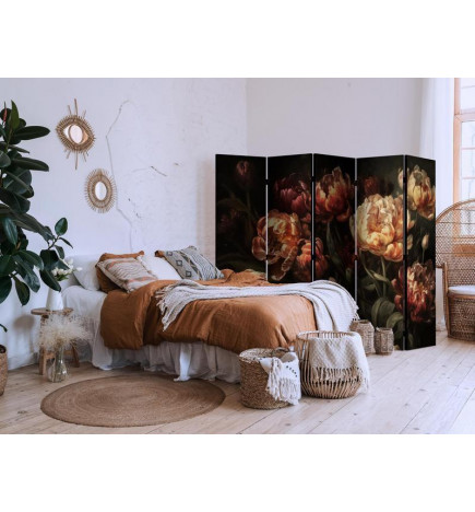 Room Divider - Magnificent Tulips - Bouquet of Flowers in Red and White on a Black Background