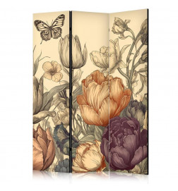 Aizslietnis - Tulips in Cream - Illustration of Flowers and Butterflies on a Light Background