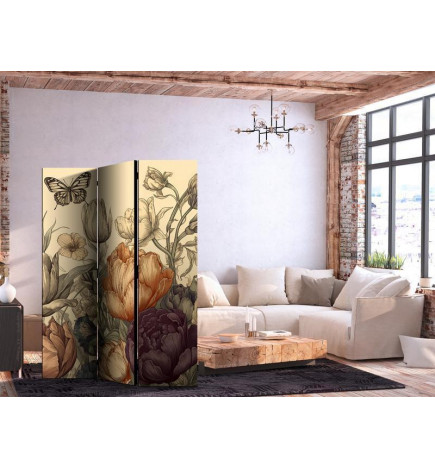 Paravan - Tulips in Cream - Illustration of Flowers and Butterflies on a Light Background