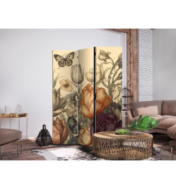 Paravan - Tulips in Cream - Illustration of Flowers and Butterflies on a Light Background