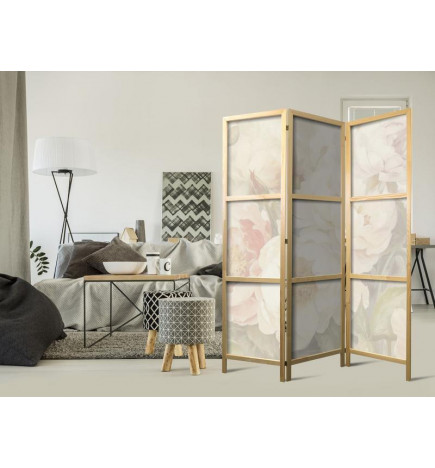 Japanese Room Divider - Blooming Peonies - Bright Large Flowers Enveloped in White Mist