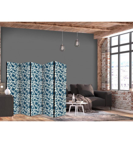 Paravent - Rose Vines - Monochromatic Blue Birds Resting Among Roses