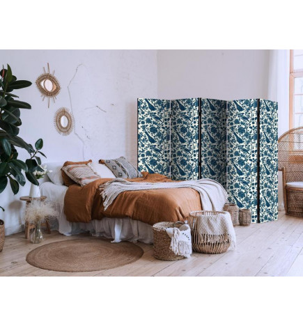 Room Divider - Rose Vines - Monochromatic Blue Birds Resting Among Roses
