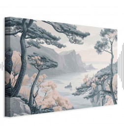 Seinapilt - Mountainous Coast with Trees and Rocks in Light Pastel Blues