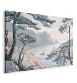 Slika - Mountainous Coast with Trees and Rocks in Light Pastel Blues