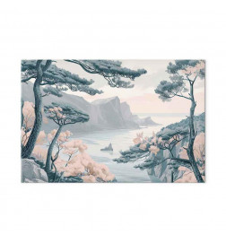 Seinapilt - Mountainous Coast with Trees and Rocks in Light Pastel Blues