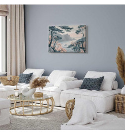 Quadro - Mountainous Coast with Trees and Rocks in Light Pastel Blues