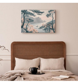 Cuadro - Mountainous Coast with Trees and Rocks in Light Pastel Blues