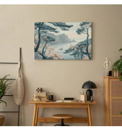 Cuadro - Mountainous Coast with Trees and Rocks in Light Pastel Blues