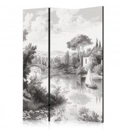 Paravent - Black and White Vintage Landscape - Retro View of a Pond with a Boat