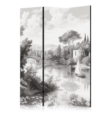 Paravento - Black and White Vintage Landscape - Retro View of a Pond with a Boat