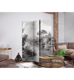 Room Divider - Black and White Vintage Landscape - Retro View of a Pond with a Boat