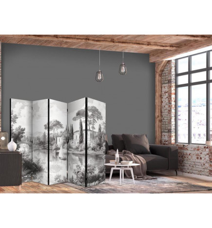 Paravento - Black and White Vintage Landscape - Retro View of a Pond with a Boat