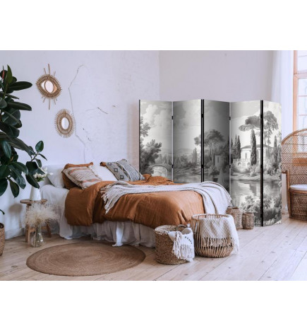 Paravento - Black and White Vintage Landscape - Retro View of a Pond with a Boat