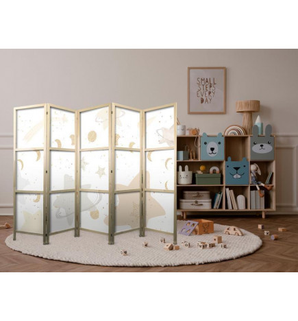 Jaapani sirm - Fairy-Tale Galaxy - Moon phases in shades of yellow among stars in beige and ash colors with stardust