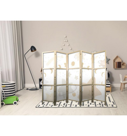 Biombo japonés - Fairy-Tale Galaxy - Moon phases in shades of yellow among stars in beige and ash colors with stardust