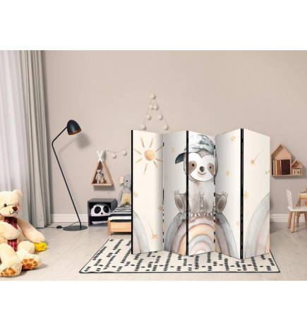 Room Divider - Happy Sloth - Sloth in Muted Colors - Wearing a Cap - Sitting on a Rainbow Among the Stars