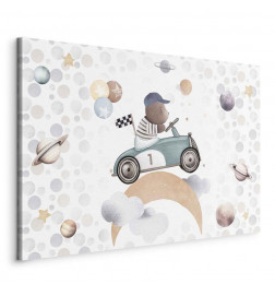 Glezna - Galactic Races - A Bear Participating in Car Races Among Planets Clouds and Stars in Pastel Hues