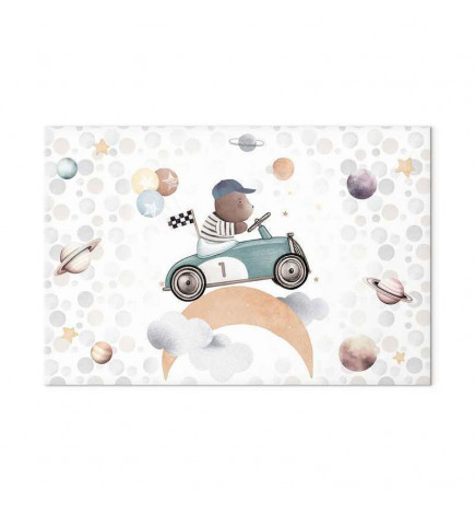 Taulu - Galactic Races - A Bear Participating in Car Races Among Planets Clouds and Stars in Pastel Hues