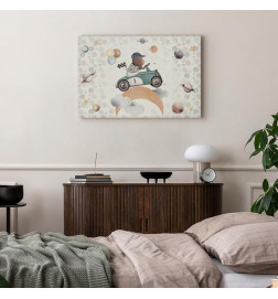 Tableau - Galactic Races - A Bear Participating in Car Races Among Planets Clouds and Stars in Pastel Hues