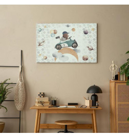 Quadro - Galactic Races - A Bear Participating in Car Races Among Planets Clouds and Stars in Pastel Hues