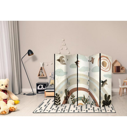 Sermi - Sun Above the Rainbow - Birds in Subdued Colors Flying Among Clouds Above a Rainbow and Vegetation on a Light Be
