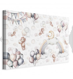 Leinwandbild - Toy Bears with Balloons - Flying Plush Bears Among Balloons Clouds and Rainbows in Subtle Pastel Hues