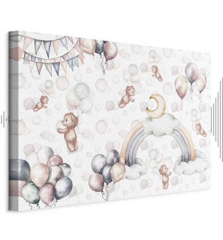 Leinwandbild - Toy Bears with Balloons - Flying Plush Bears Among Balloons Clouds and Rainbows in Subtle Pastel Hues