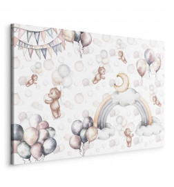 Tableau - Toy Bears with Balloons - Flying Plush Bears Among Balloons Clouds and Rainbows in Subtle Pastel Hues