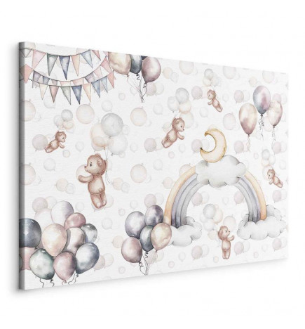 Paveikslas - Toy Bears with Balloons - Flying Plush Bears Among Balloons Clouds and Rainbows in Subtle Pastel Hues