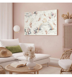 Tableau - Toy Bears with Balloons - Flying Plush Bears Among Balloons Clouds and Rainbows in Subtle Pastel Hues
