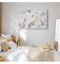 Canvas Print - Toy Bears with Balloons - Flying Plush Bears Among Balloons Clouds and Rainbows in Subtle Pastel Hues