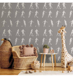 Behang - Sports Silhouettes - Dynamic figures of soccer players on a gray background