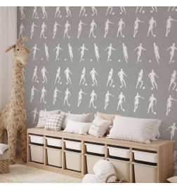 Behang - Sports Silhouettes - Dynamic figures of soccer players on a gray background