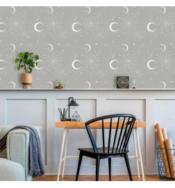 Behang - Cosmic Fireworks - Elegant pattern with moons and stars on a gray background